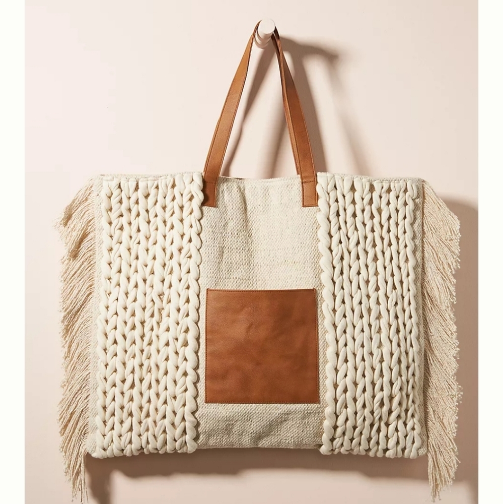 Anthropologie knit fringe tote bag - ivory